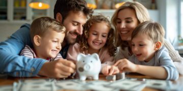 A joyful family gathered around a table, teaching children about saving money using a piggy bank. The scene captures warmth, togetherness, and financial education.