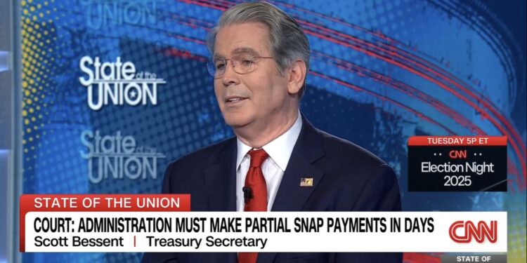 U.S. Treasury Secretary Scott Bessent appears on CNN’s “State of the Union” on Sunday, November 2, 2025 | (CNN)