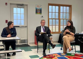 (From left) Stepping Stones Academy Board Member Lisa Eads, WV Treasurer Larry Pack, and NRGRDA Executive Director Jina Belcher discuss childcare challenges and related 2026 child care legislation during a roundtable discussion at Stepping Stones Academy in Beaver, W.Va.,  on Feb. 19.