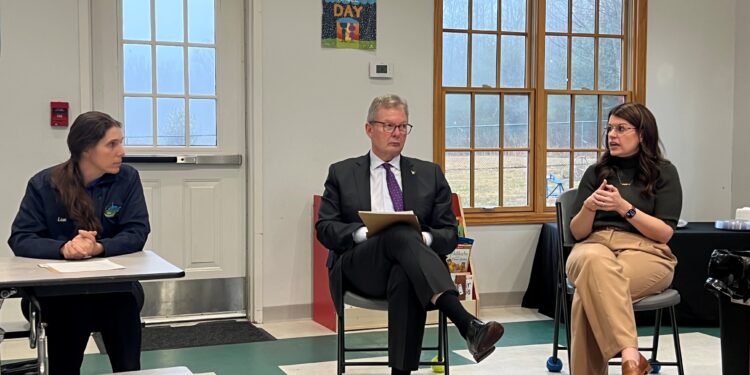 (From left) Stepping Stones Academy Board Member Lisa Eads, WV Treasurer Larry Pack, and NRGRDA Executive Director Jina Belcher discuss childcare challenges and related 2026 child care legislation during a roundtable discussion at Stepping Stones Academy in Beaver, W.Va.,  on Feb. 19.